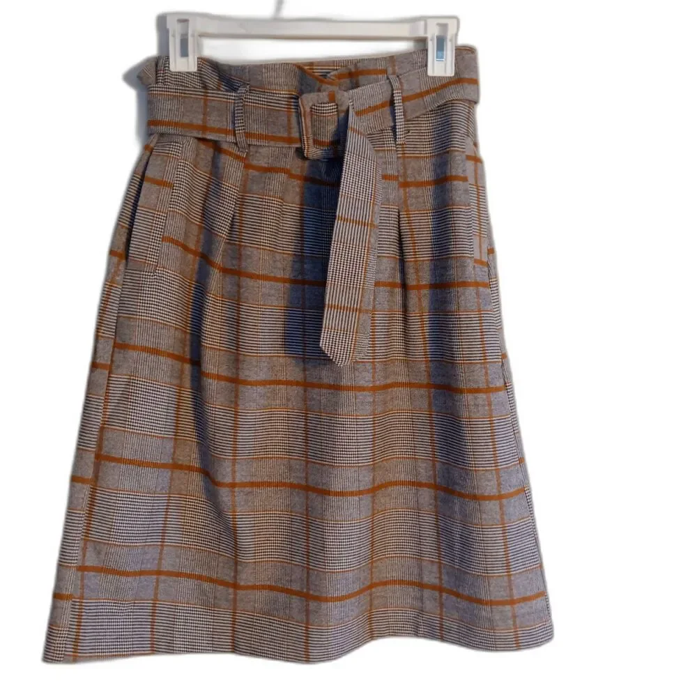 Sweet Salt Plaid Tweed Pencil Midi Skirt Grey Brown Size S Belted quiet luxury - Picture 2 of 4